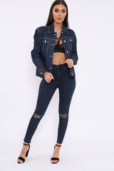 Dark Blue Contrast Stitch Denim Jacket -Cristina-Denim Jackets
