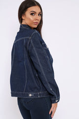 Dark Blue Contrast Stitch Denim Jacket -Cristina-Denim Jackets
