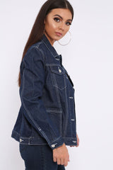 Dark Blue Contrast Stitch Denim Jacket -Cristina-Denim Jackets