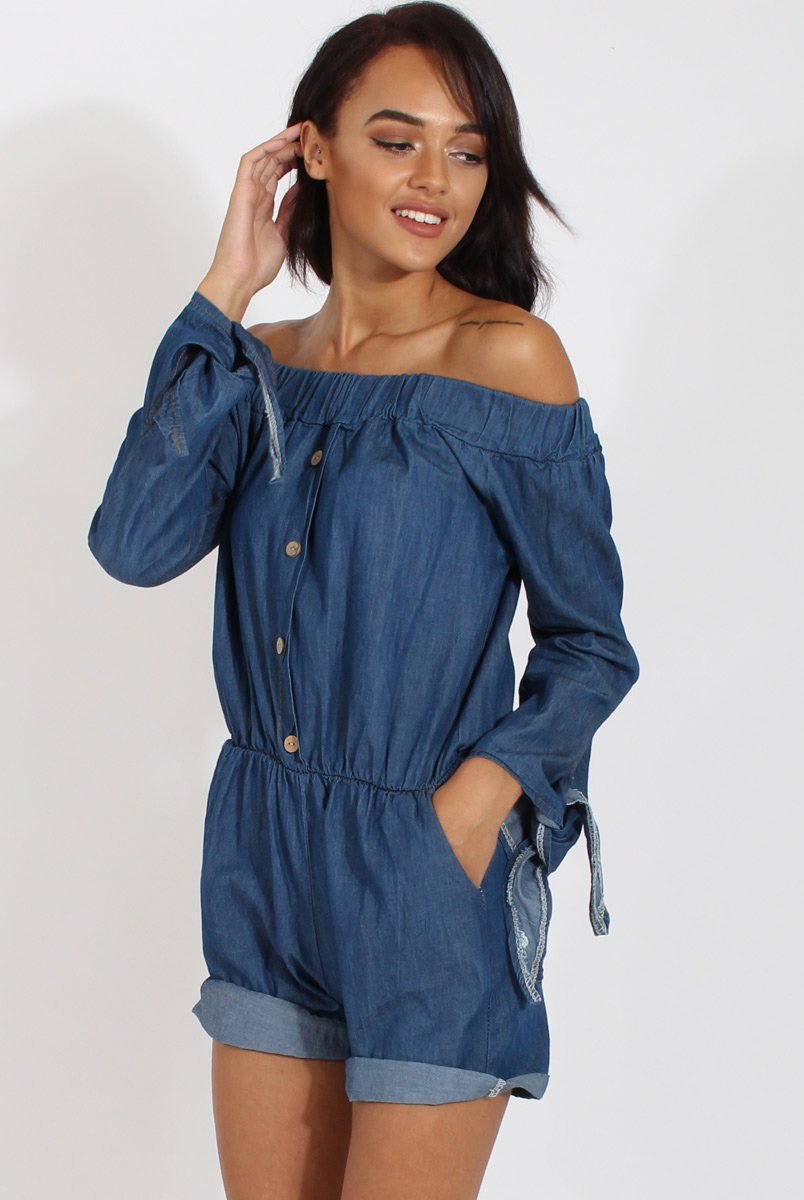 Dark Blue Denim Bardot Denim Playsuit - Angelica-Playsuits