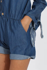 Dark Blue Denim Bardot Denim Playsuit - Angelica-Playsuits