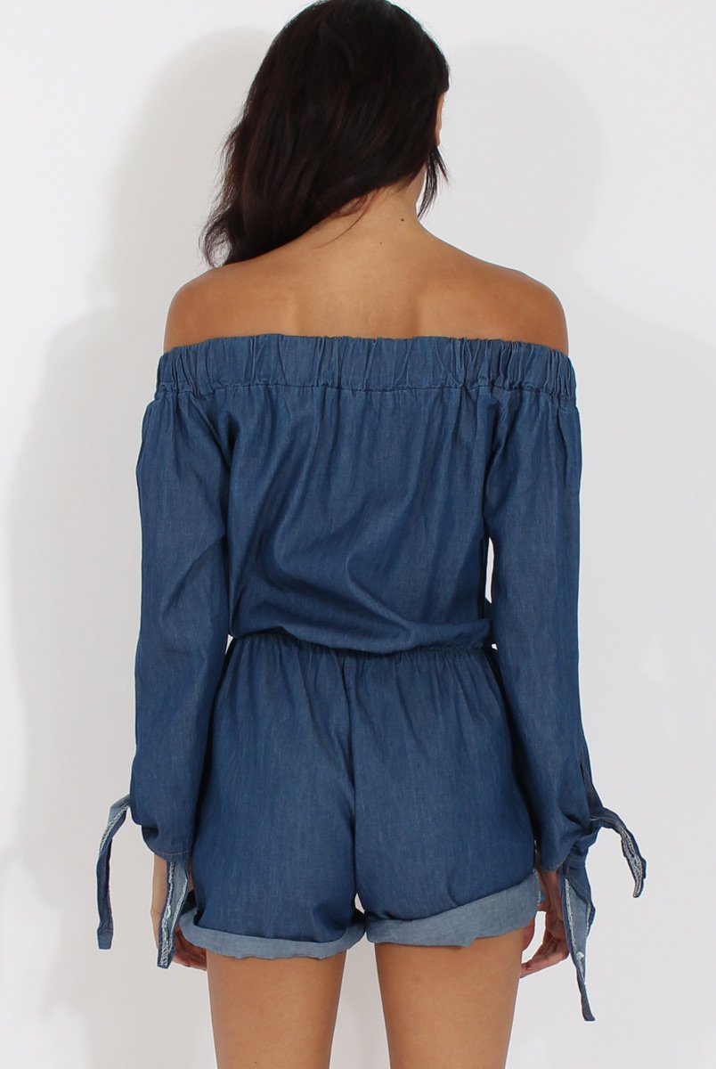 Dark Blue Denim Bardot Denim Playsuit - Angelica-Playsuits
