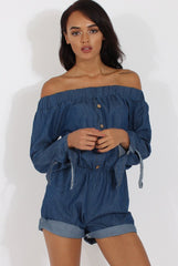 Dark Blue Denim Bardot Denim Playsuit - Angelica-Playsuits