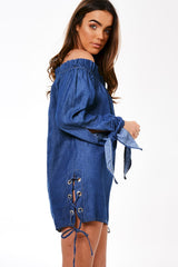 Dark Blue Denim Bardot Mini Dress - Elisha-Dresses