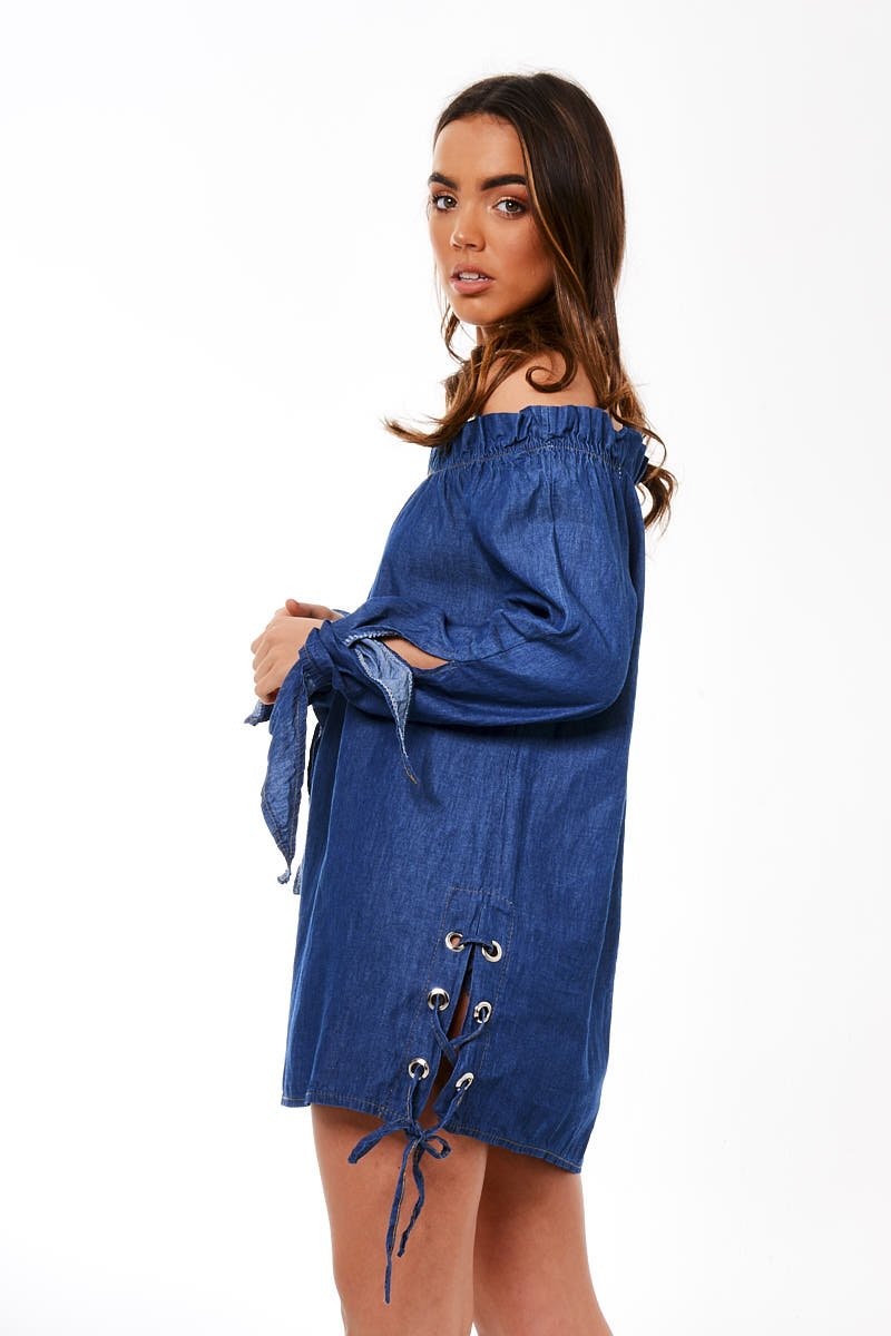Dark Blue Denim Bardot Mini Dress - Elisha-Dresses