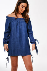 Dark Blue Denim Bardot Mini Dress - Elisha-Dresses