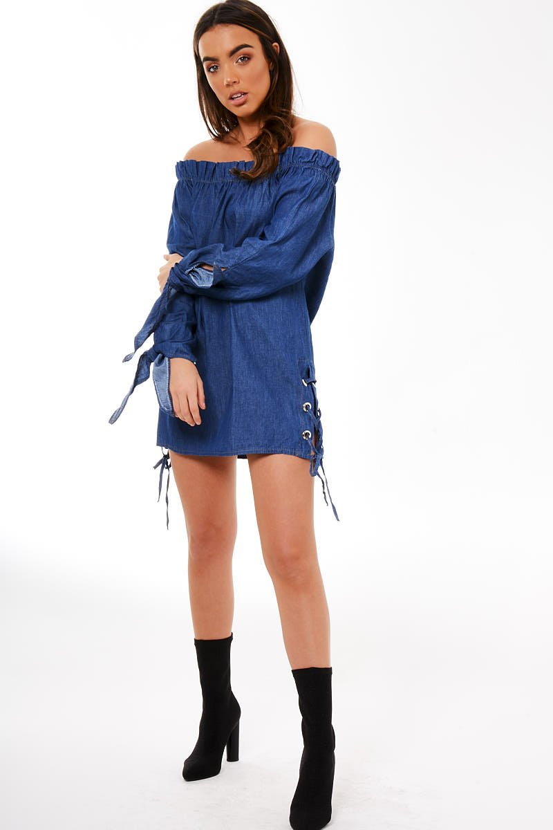 Dark Blue Denim Bardot Mini Dress - Elisha-Dresses