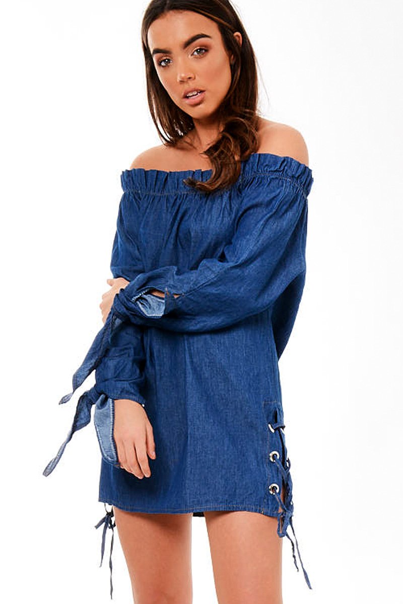 Dark Blue Denim Bardot Mini Dress - Elisha-Dresses