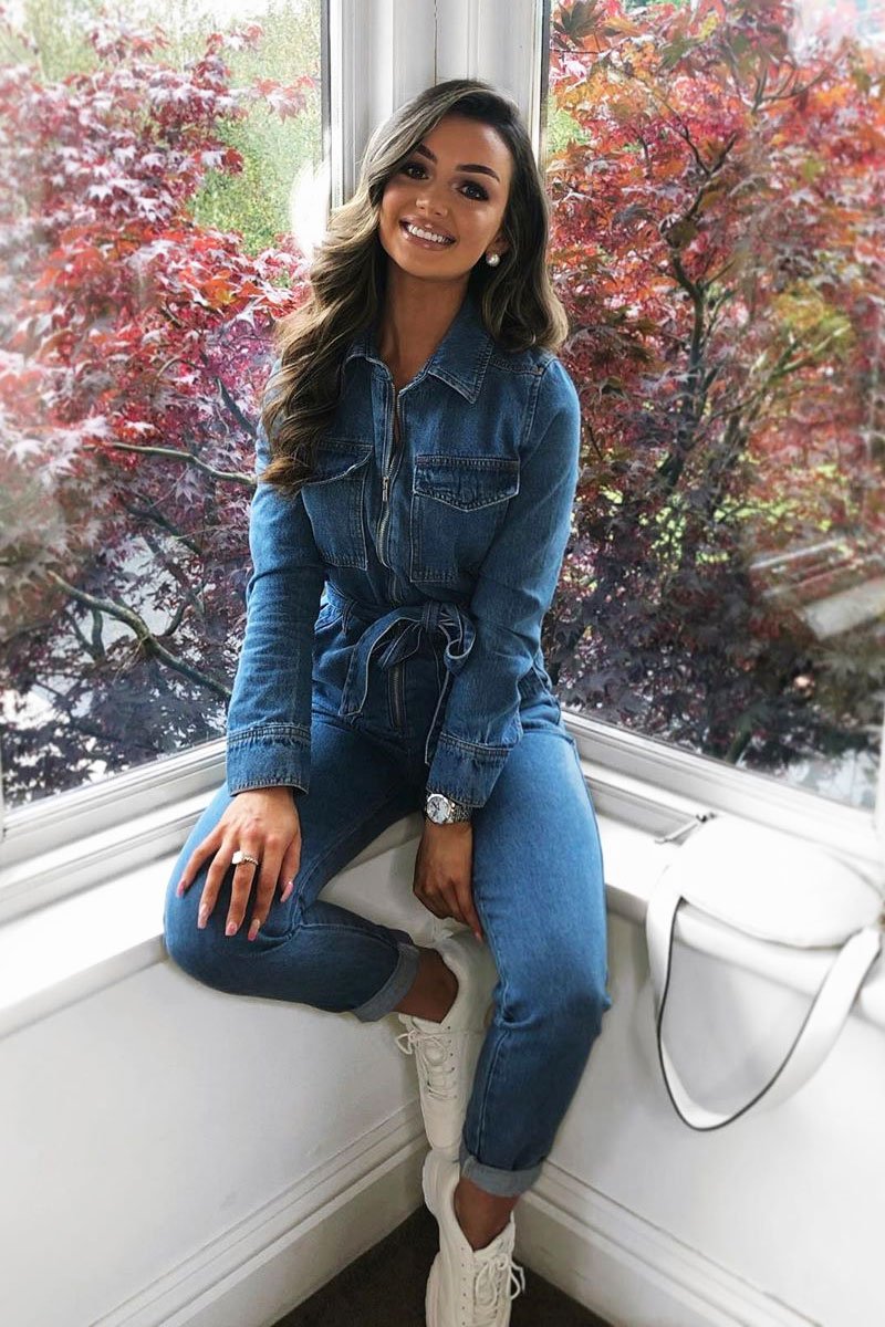 Dark Blue Denim Belted Boilersuit - Lucindy-Jumpsuits
