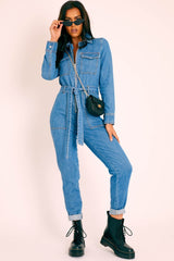 Dark Blue Denim Belted Boilersuit - Lucindy-Jumpsuits