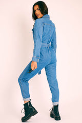 Dark Blue Denim Belted Boilersuit - Lucindy-Jumpsuits