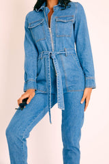 Dark Blue Denim Belted Boilersuit - Lucindy-Jumpsuits