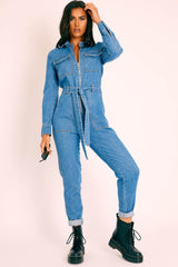 Dark Blue Denim Belted Boilersuit - Lucindy-Jumpsuits
