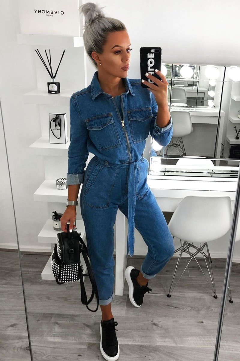 Dark Blue Denim Belted Boilersuit - Lucindy-Jumpsuits