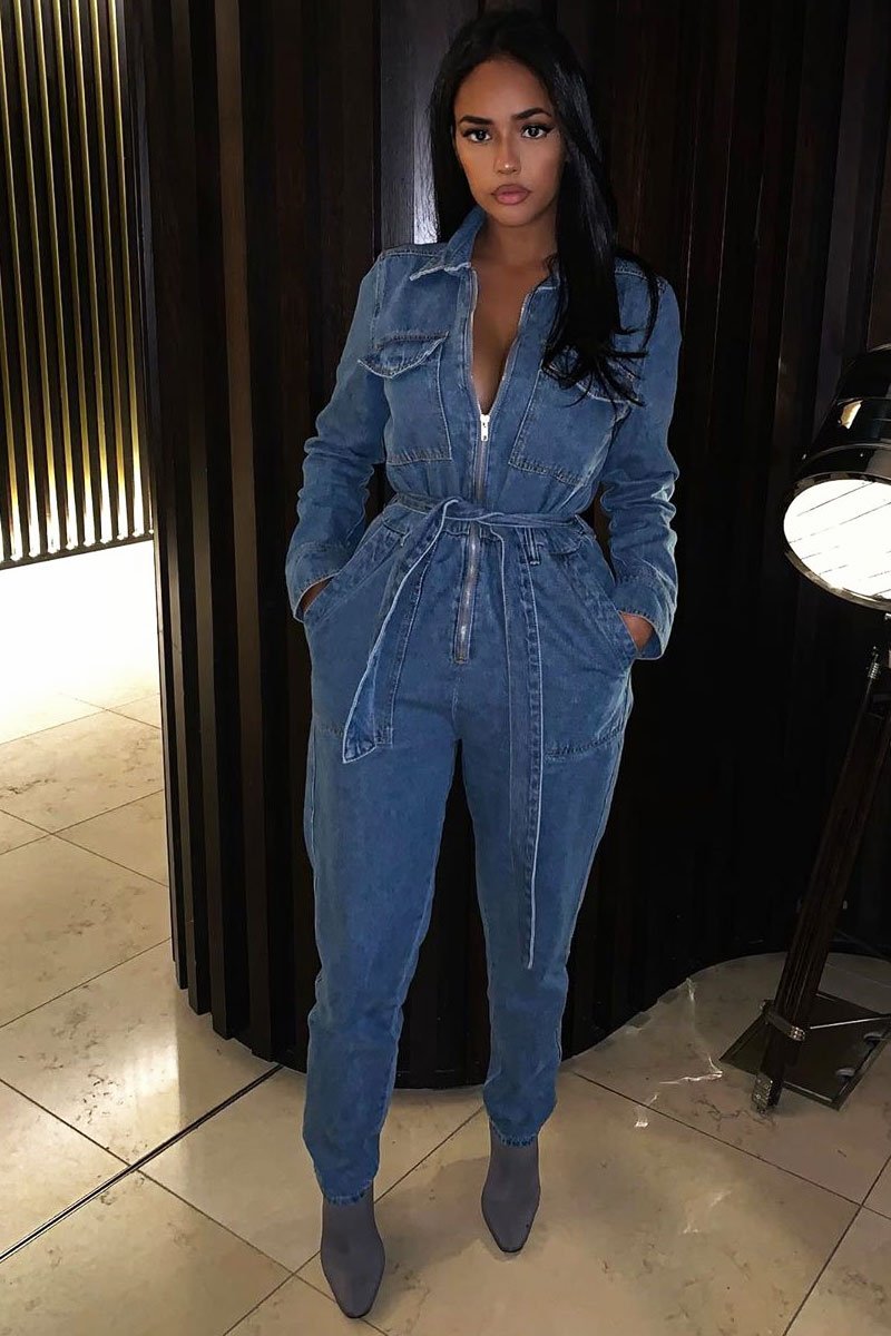 Dark Blue Denim Belted Boilersuit - Lucindy-Jumpsuits