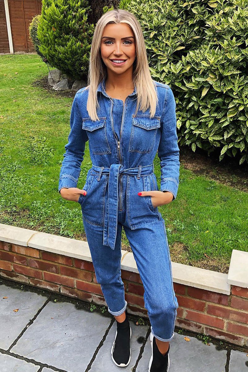 Dark Blue Denim Belted Boilersuit - Lucindy-Jumpsuits