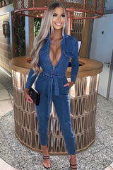 Dark Blue Denim Belted Boilersuit - Lucindy-Jumpsuits
