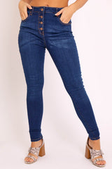 Dark Blue Denim Button Up Skinny Jeans - Ryla-Jeans