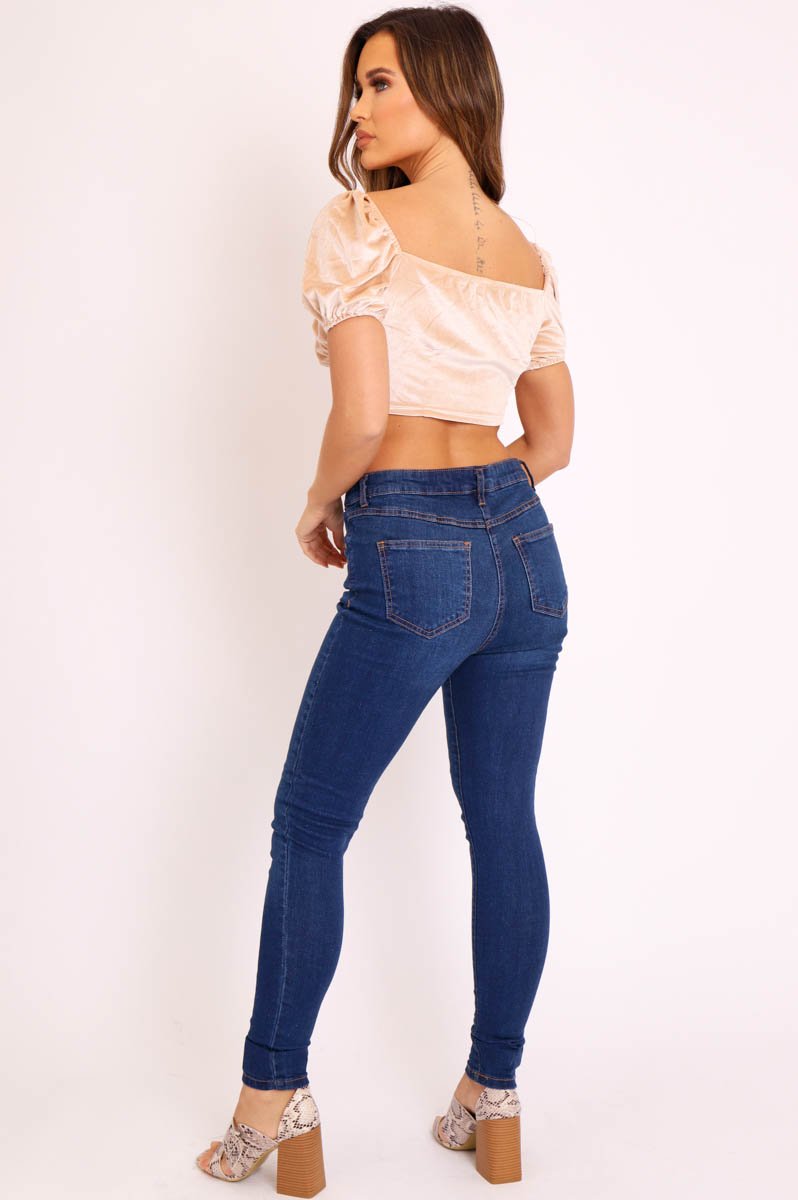 Dark Blue Denim Button Up Skinny Jeans - Ryla-Jeans