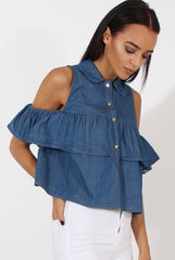 Dark Blue Denim Cold Shoulder Top - Elizabeth-Tops