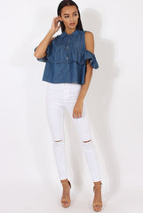 Dark Blue Denim Cold Shoulder Top - Elizabeth-Tops