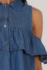 Dark Blue Denim Cold Shoulder Top - Elizabeth-Tops