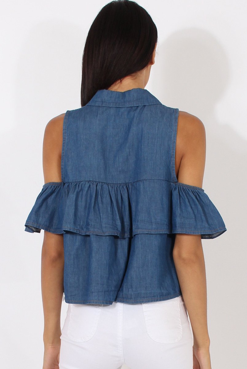 Dark Blue Denim Cold Shoulder Top - Elizabeth-Tops