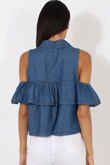 Dark Blue Denim Cold Shoulder Top - Elizabeth-Tops