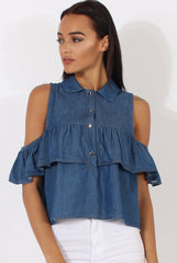 Dark Blue Denim Cold Shoulder Top - Elizabeth-Tops