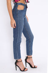 Dark Blue Denim Cut Out Pocket Boyfriend Jeans - Jaime-Jeans