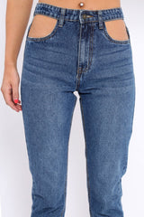 Dark Blue Denim Cut Out Pocket Boyfriend Jeans - Jaime-Jeans