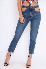 Dark Blue Denim Cut Out Pocket Boyfriend Jeans - Jaime-Jeans