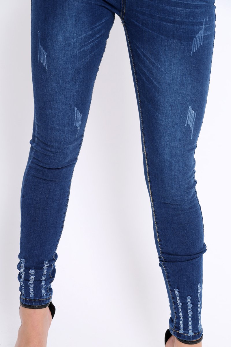 Dark Blue Denim Frayed Skinny Jeans - Alma-Jeans