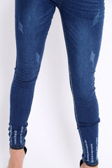 Dark Blue Denim Frayed Skinny Jeans - Alma-Jeans