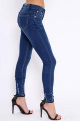 Dark Blue Denim Frayed Skinny Jeans - Alma-Jeans