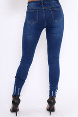 Dark Blue Denim Frayed Skinny Jeans - Alma-Jeans