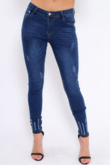 Dark Blue Denim Frayed Skinny Jeans - Alma-Jeans