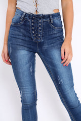 Dark Blue Denim Lace Up Front Jeans - Raeann-Jeans