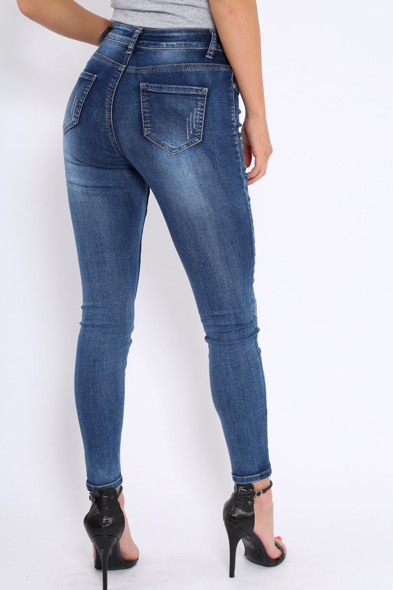 Dark Blue Denim Lace Up Front Jeans - Raeann-Jeans
