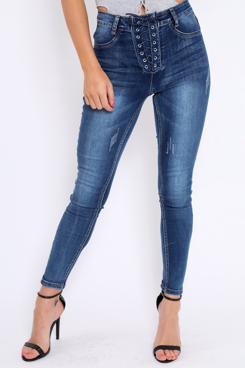 Dark Blue Denim Lace Up Front Jeans - Raeann-Jeans