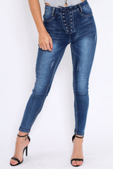 Dark Blue Denim Lace Up Front Jeans - Raeann-Jeans