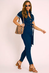 Dark Blue Denim Short Sleeve Button Up Belted Waist Boilersuit - Stevie-Jumpsuits