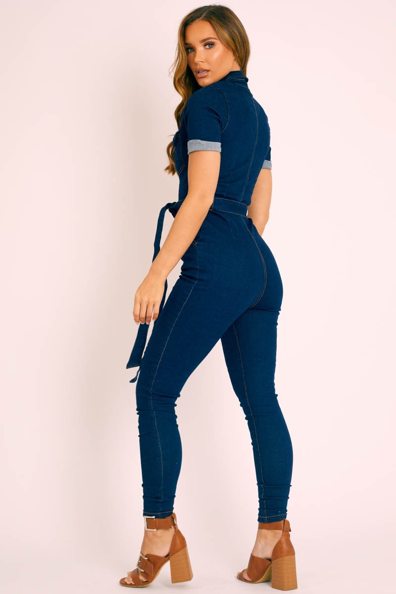 Dark Blue Denim Short Sleeve Button Up Belted Waist Boilersuit - Stevie-Jumpsuits