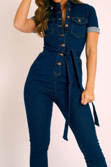 Dark Blue Denim Short Sleeve Button Up Belted Waist Boilersuit - Stevie-Jumpsuits