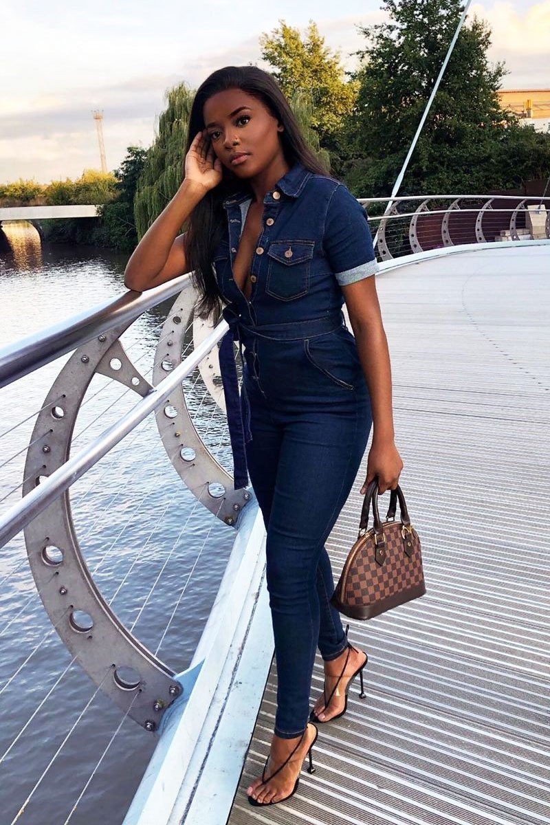 Dark Blue Denim Short Sleeve Button Up Belted Waist Boilersuit - Stevie-Jumpsuits