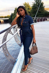Dark Blue Denim Short Sleeve Button Up Belted Waist Boilersuit - Stevie-Jumpsuits