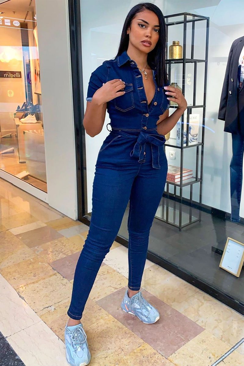 Dark Blue Denim Short Sleeve Button Up Belted Waist Boilersuit - Stevie-Jumpsuits