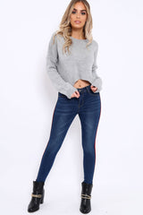 Dark Blue Denim Skinny Jeans with Side Stripes - Hana-Jeans