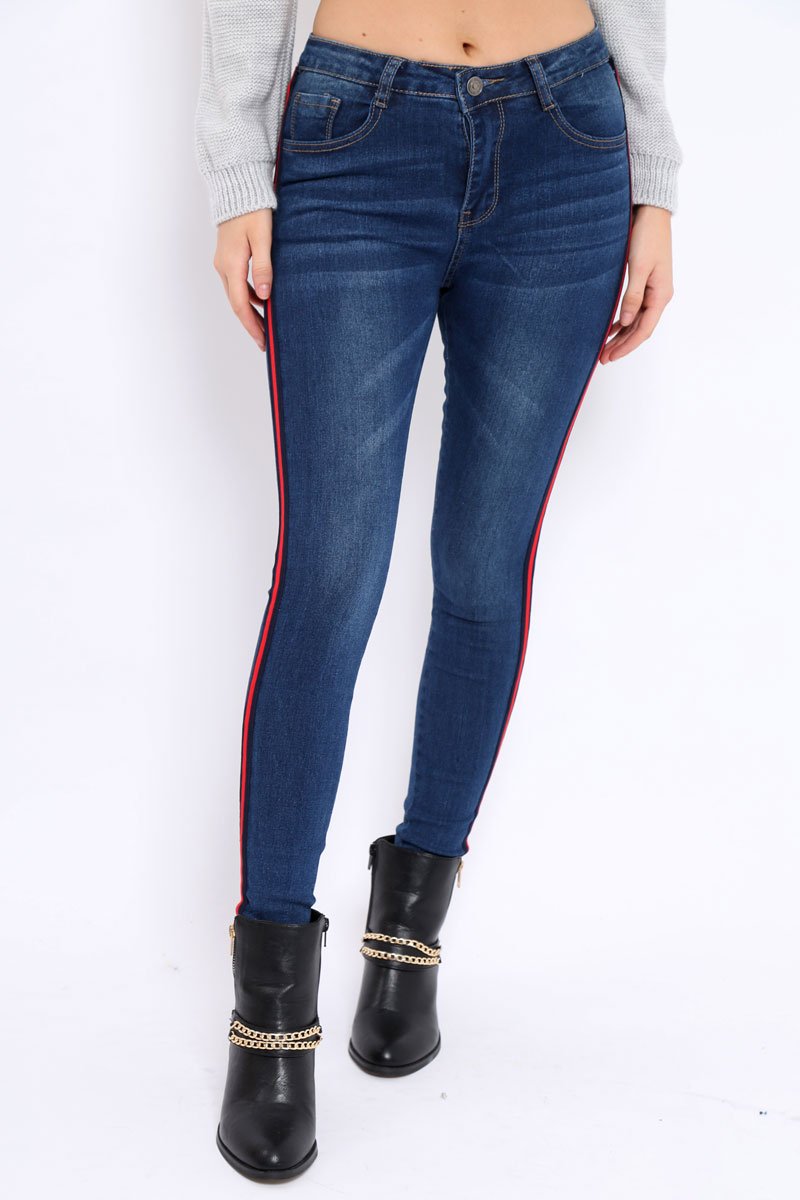 Dark Blue Denim Skinny Jeans with Side Stripes - Hana-Jeans