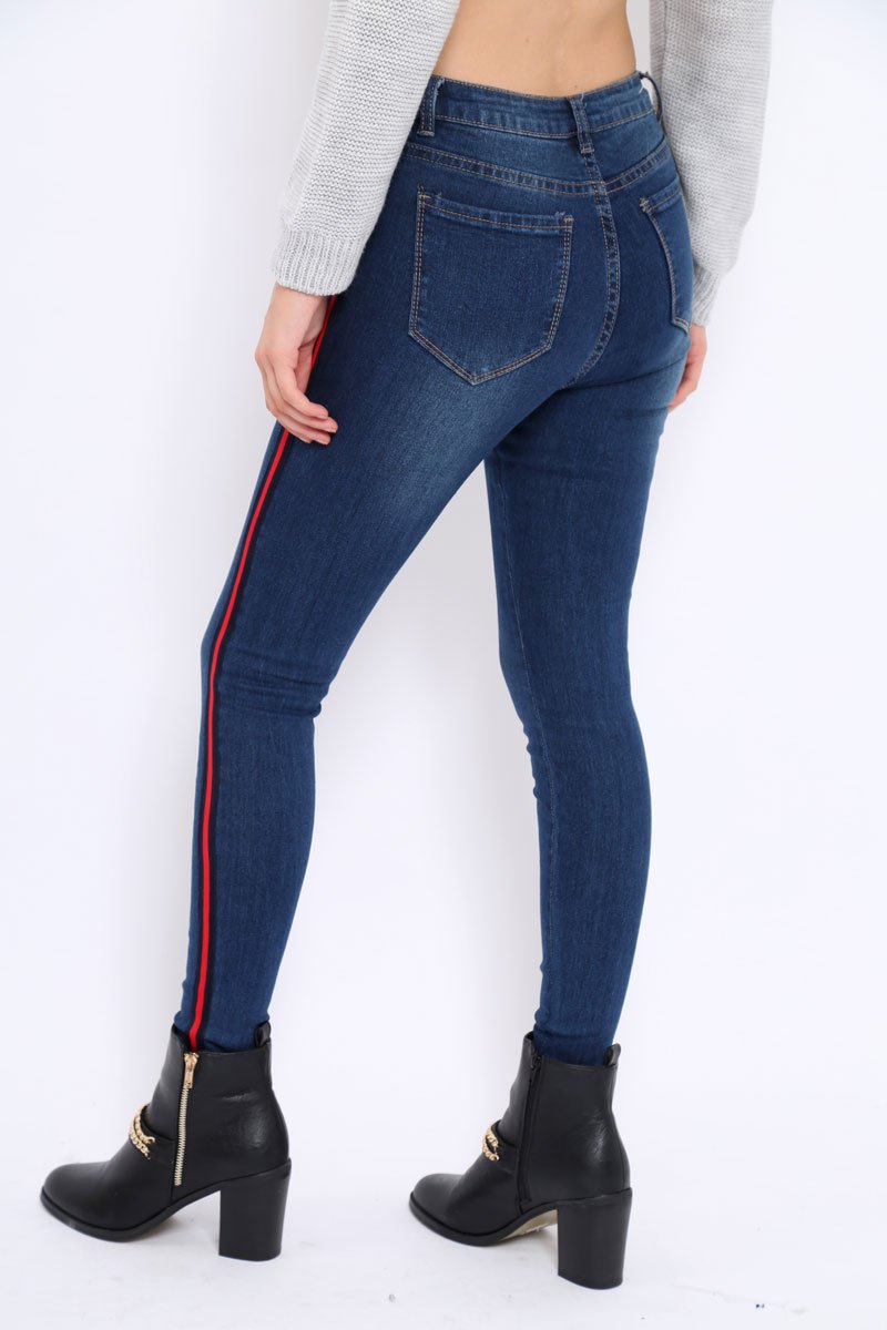 Dark Blue Denim Skinny Jeans with Side Stripes - Hana-Jeans